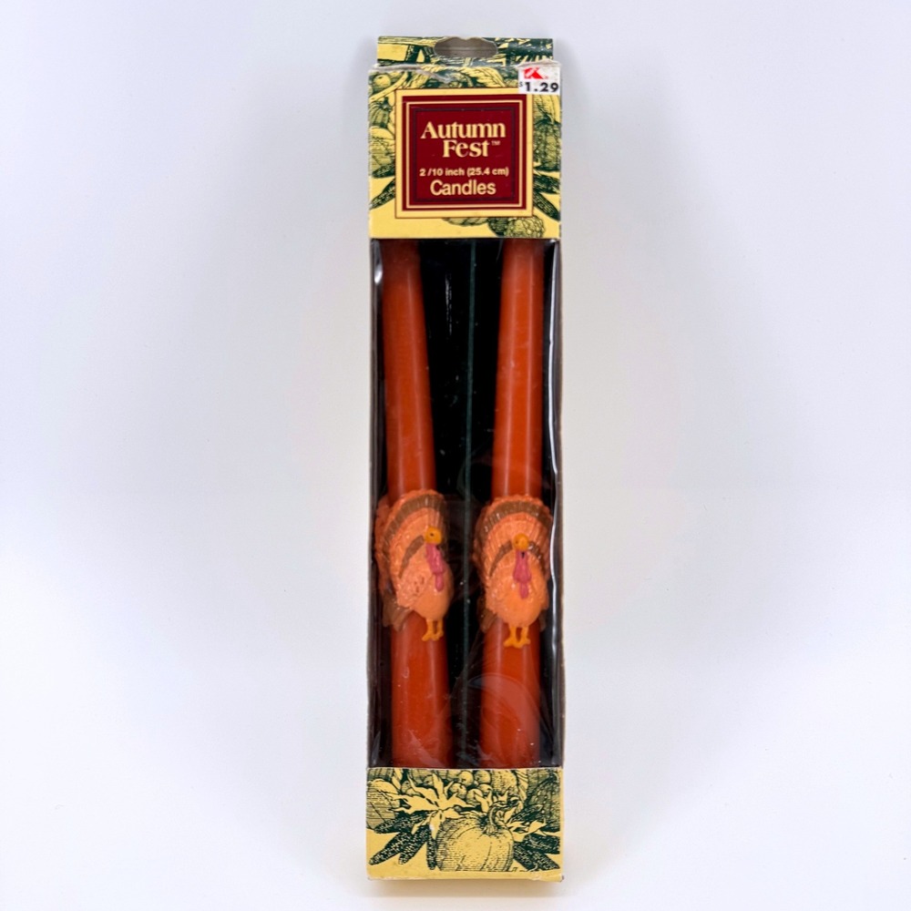 Vintage Autumn Fest Thanksgiving Turkey Taper Candles 10 Inch Orange Kmart 2 Pk